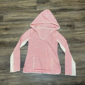 Red and White Roxy V neck Striped Hoodie